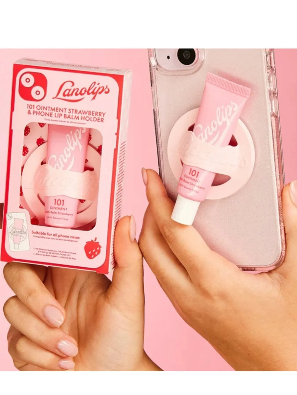 Lanolips Strawberry 101 Ointment & Phone Lip Balm Holder Lipgloss Pink NEW NWT